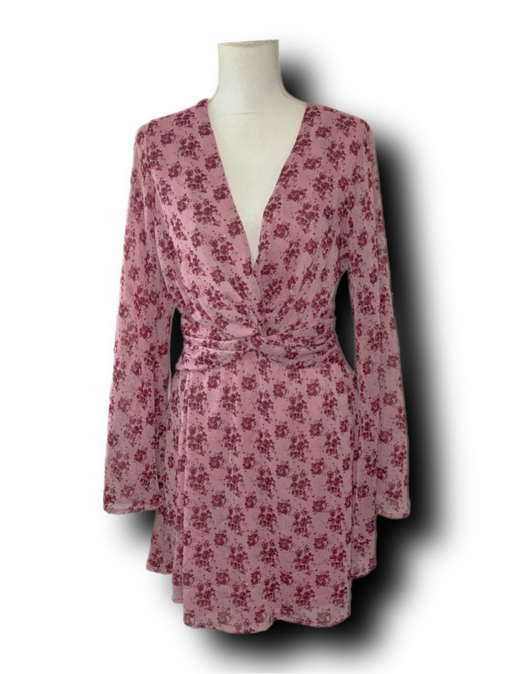 Trixxi Bell Sleeve Floral Twist-Front Mini Dress Barbiecore Vibes